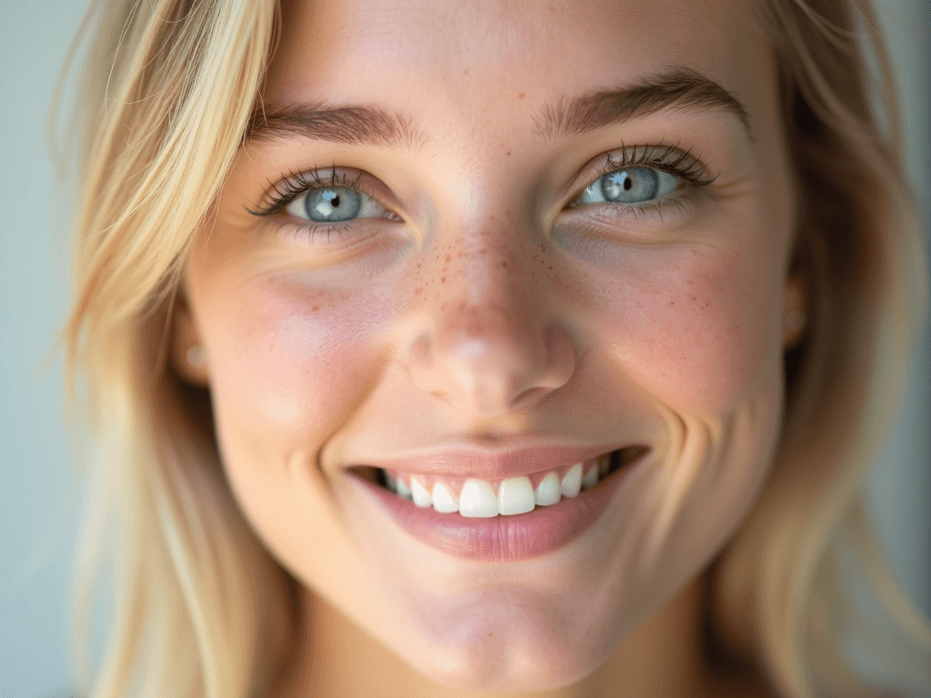 a hyper realistic closeup face portrait of a beautiful blue eyes perfect white teeth light freckled skin beautiful  full blonde hair neutral background perfect lighting vibrant colors perfect saturation stunning quality professional camera cristal clear 
copy

