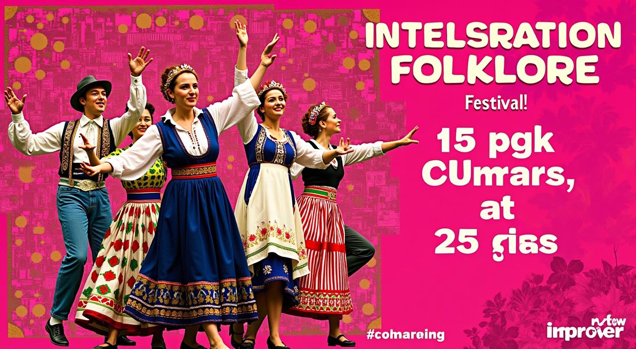 Presentation of the Martigny International Folklore Festival A neon pink poster announcing the Martigny International Folklore Festival, featuring a couple of folk dancers, a man and a woman, in traditional costumes, dancing with lively expressions. The dancers are illuminated by bright stage lights against a backdrop that is a collage of the festival's various performance locations. These venues include a charming open-air theatre, a grand amphitheatre, and a lively town square, all rendered in a vibrant mosaic of colors. The poster's design is eye-catching, with a striking use of neon pink and golden hues. The dancers' vibrant costumes are detailed and add a touch of local flavor to the overall design. The poster uses a vintage-inspired font to convey a sense of heritage and tradition, with a clear message of celebration and cultural exchange. The Martigny International Folklore Festival's name and dates are prominently featured, inviting viewers to attend this cultural extravaganza.
no text
