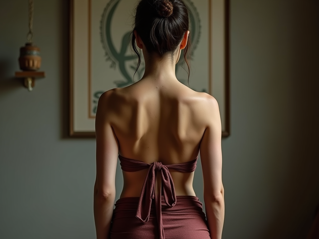 A women in shibari view from the back with the hand tie like buddha