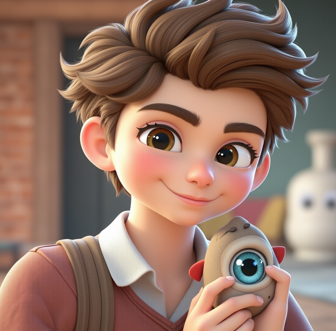 a cute character with big expressive eyes, disney pixar style