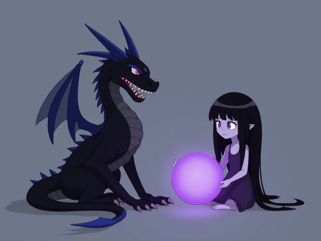 The image is a digital illustration of two mythical creatures. The creature on the left is a black dragon with blue spikes on its head and wings. It has a long, slender body with sharp claws and sharp teeth. It is sitting on its hind legs with its front paws resting on the ground.

On the right side of the image, there is a female creature with long black hair and purple eyes. She is holding a large purple ball in her hands. The ball appears to be floating in the air. The background is a grayish-blue color with a hint of purple. The overall style of the illustration is dark and mysterious.