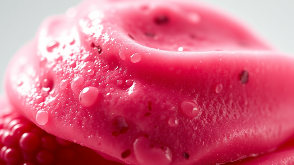 High-contrast close-up of pink berry gelato with water droplets and dynamic lighting for modern product ad.

