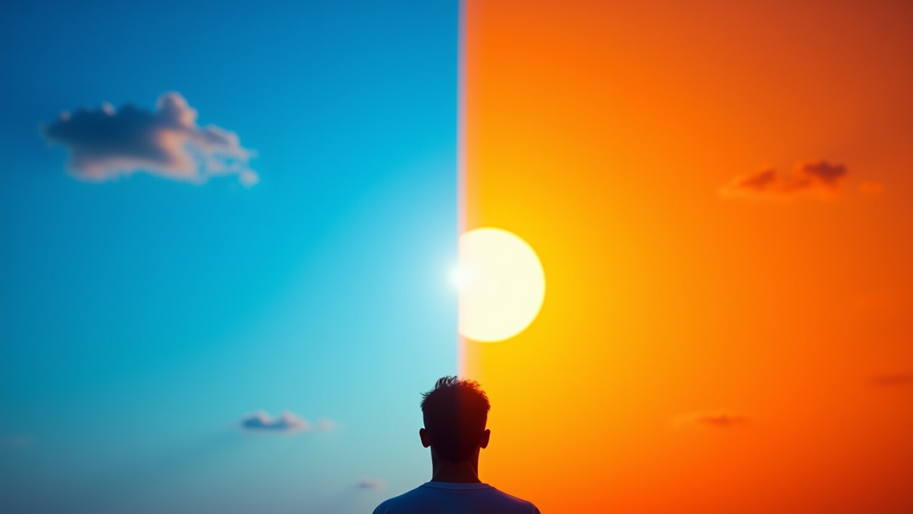 Diseño visual sugerido:
División diagonal del fondo:

Lado izquierdo: Cielo azul brillante con una nube.

Lado derecho: Atardecer naranja intenso con el sol bajo.
→ El contraste visual entre ambos lados atraerá clics inmediatamente.

Elemento central:
Una silhueta de una persona mirando al cielo, con un gesto de sorpresa o curiosidad.

