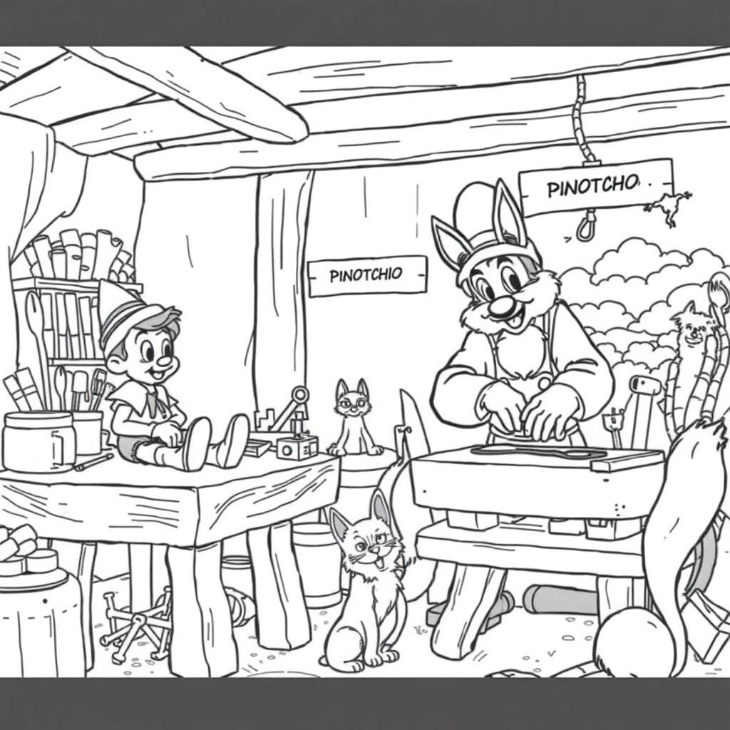 Black and white coloring page: Wide workshop view. Left: Pinocchio sits on table. Right: Gepetto saws wood. Cat and fox watch. 25% smaller scene, more tools and sky. Sign: 'Pinocchio'. Thick outlines, no shading, for kids