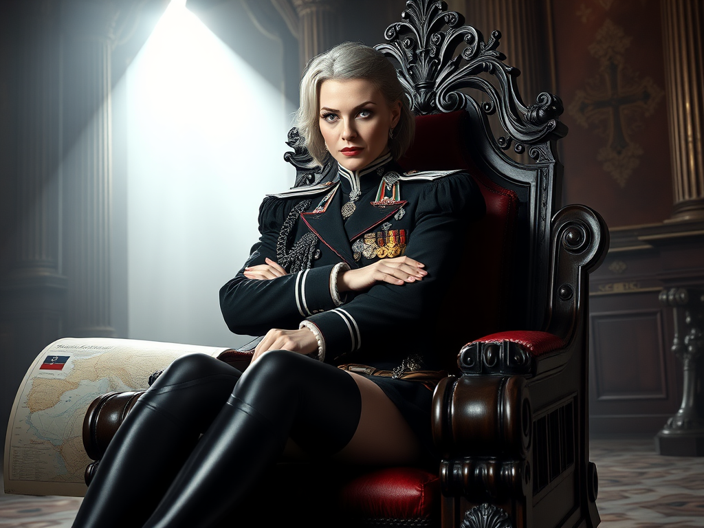 A regal, silver-haired woman, piercing purple eyes blazing, pale skin contrasting sharply with a Prussian military uniform—black thigh-highs and boots—sits commandingly on an ornate, ebony throne in a dimly lit, cavernous war room.  Her seductive smile, crossed arms, and numerous medals gleam under the single, dramatic light source; a nobility emblem and Iron Cross prominently displayed nearby. A riding crop rests casually in her gloved hand; a meticulously detailed strategic map, depicting a looming conflict, lies spread before her. Hyperrealistic style, emphasizing the seductive allure juxtaposed with unwavering military authority, creates a powerful, evocative image.  The scene is imbued with a palpable sense of anticipation and controlled power.
