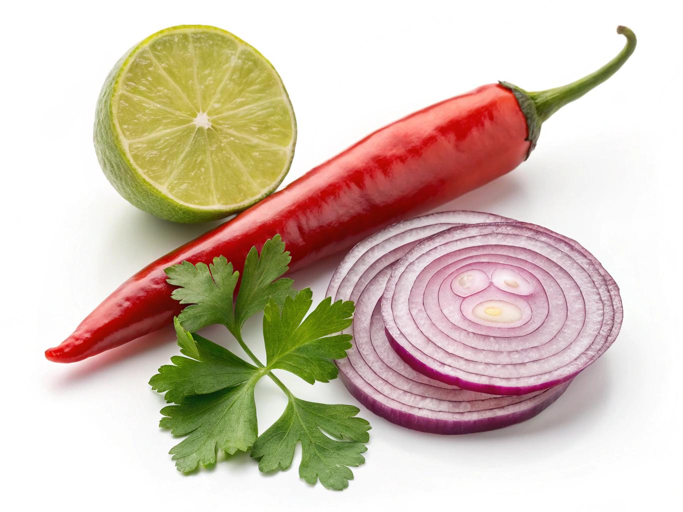 Un conjunto de ingredientes frescos en un fondo blanco: un chile rojo vibrante con su tallo verde, una lima partida a la mitad mostrando su pulpa jugosa, una rodaja de cebolla morada en espiral y una hoja de perejil verde. La composición debe resaltar la frescura y el color vibrante de cada ingrediente, con una iluminación suave y natural.