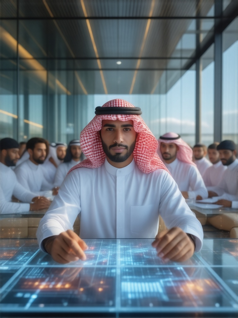 A young Saudi executive, in crisp white thobe and red ghutra, collaborates with a diverse team in a sun-drenched, modern glass office; holographic D365 and AI applications shimmer, faces illuminated by focused determination, reflecting Saudi Vision 2030's ambition.  Hyperrealistic rendering, sharp details, intense light play, vibrant Saudi business energy, digital transformation.
