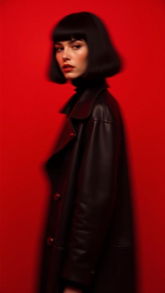 Fashion photo of a female model against a solid matte red backdrop. Wearing a long, black leather coat. She has a sharp black bob haircut with bangs and a neutral expression. Studio lighting is soft and even, with slight shadows for depth. Realistic skin textures, high-fashion. Cinematic composition, ghostly presence, faded film effect, with her hair and figure in strong motion blur
