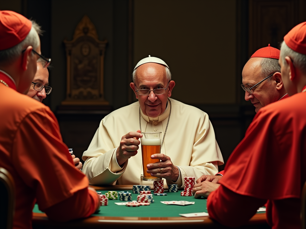 The pope playing poker with cardinals and drinking beer, poker chips on table