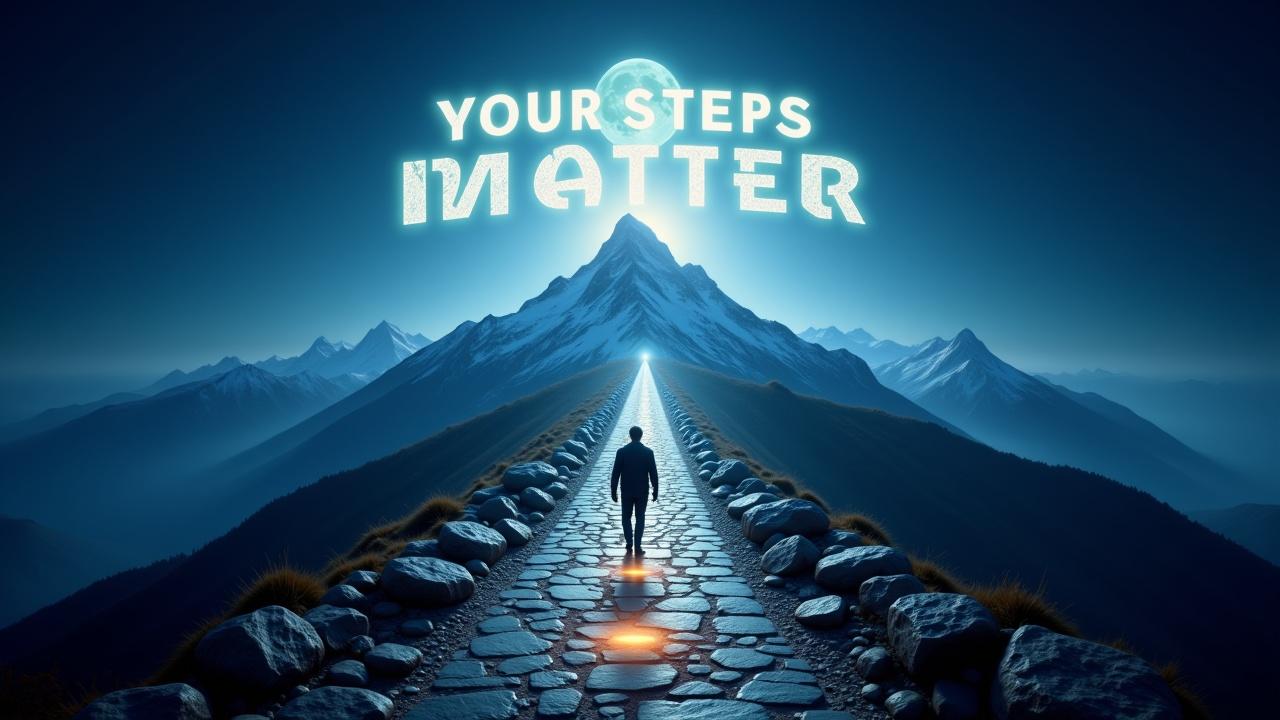 A person walking along a cobblestone path, with each stone glowing as they step on it. The path leads toward a mountain peak, illuminated by a glowing moon. This symbolizes the journey toward success. Text overlay: “YOUR STEPS MATTER”. Dreamy, symbolic, empowering.