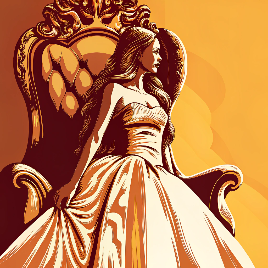 A beautiful girl with hair down to her waist, wearing a yellow dress studded with diamonds, standing near the throne, where she is queen.