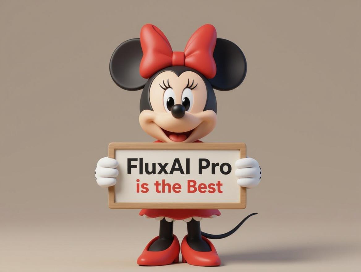 a figurine of a cute disney character holding up a sign saying 'FluxAI Pro is the best' , stylized, 3d model