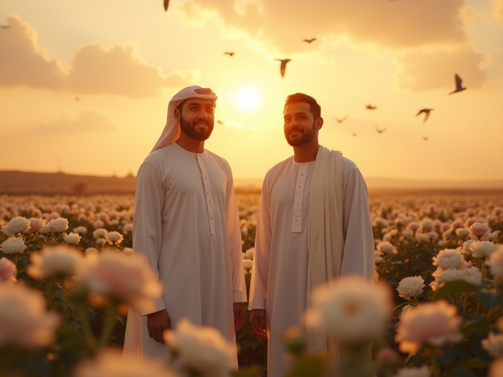 A cinematic 4:3 horizontal image showing two Middle Eastern men standing very close to the camera, waist-up, in a dreamy flower field at golden hour.
The man on the right has a fuller, broader body with a rounded face and a warm, gentle smile, while the man on the left is slightly taller, with a stronger, firmer build and a protective, calm expression.
Both are wearing perfectly tailored white robes (thobes) with clean, modest white shawls wrapped neatly around their shoulders and chest — no head coverings, no turbans, no agal.
They are surrounded by thousands of blooming roses in white and soft pink, with a warm golden sun shining from behind and a sky filled with glowing clouds and gentle birds in flight.
The scene feels cinematic, peaceful, spiritual, and emotionally moving — a perfect blend of fantasy and realism.