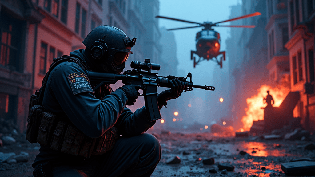 Aqui está um prompt épico que combina a nostalgia dos clássicos de ação com a estética moderna dos jogos que você ama, incluindo seu setup gamer pessoal como parte da cena:

"Cena de guerra hiper-realista estilo videogame, misturando referências de clássicos (Black PS2, Medal of Honor PS1) e modernos (Warzone PS5, Battlefield PS3). No centro, um operador militar de elite (estilo operador do MW3) em pose dinâmica, segurando um rifle M4A1 customizado, com efeitos de balas traçantes e explosões ao fundo. O cenário é um campo de batalha caótico que homenageia todos esses jogos:

    À esquerda, ruínas urbanas estilo 'Black PS2' (tons sépia, fogo e destroços pixelizados como um filtro de nostalgia).

    À direita, um helicóptero abatido 'Battlefield 3' (fumaça densa, efeitos de luz frostbite).

    Ao fundo, um sniper 'All Ghillied Up' (COD4) escondido em um prédio destruído.

DETALHE PERSONALIZADO (SEU SETUP GAMER):

    Em primeiro plano, um PC gamer iluminado com RGB (gabinete aberto, fans roxas/azuis), monitor wide-screen exibindo a HUD do Warzone, teclado mecânico (switch vermelho) e mouse 'Logitech G502' com pad de 'Al Mazrah'.

    Easter Eggs:

        Um PS2 e um controle DualShock 1 em cima da mesa, com o jogo 'Medal of Honor' aberto.

        Adesivos no gabinete: "No Russian", "BF3" e "Rangers Lead The Way".

ESTILO VISUAL:

    Iluminação: Luzes neon (roxo/azul) do setup contrastando com o calor da guerra (laranja/vermelho).

    Efeitos:

        Filtro 'PS1' em partes da imagem (pixelização low-poly).

        Lens flare estilo Battlefield 3.

    Detalhes realistas: Suor no rosto do operador, reflexo do monitor nos óculos dele, teclado com dedos digitando WASD.

TOQUE FINAL:

    *Placa de vídeo do PC brilhando com a logo 'RTX ON' e um foguete RPG (do Warzone) voando na tela do monitor."

