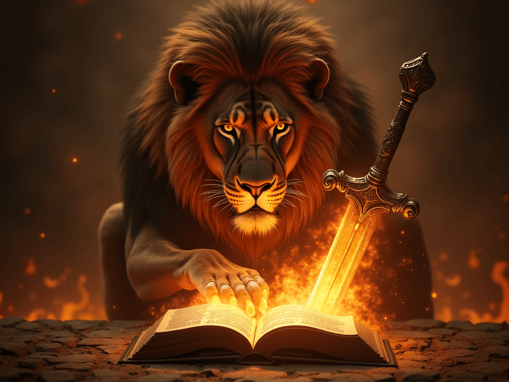 Imágen de un león de fondo con la biblia enfrente con una espada.de fuego sobre ella, que se vea hiperrealista con estilo medieval 