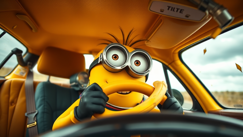A Minion-style driver, goggles askew, gripping a banana-shaped steering wheel in a vibrant, chaotic, cartoonish car;  sun-drenched, whimsical road trip scene,  bright yellow car,  overcast sky,  joyful, slightly reckless energy,  a chaotic, playful atmosphere,  Minions' signature mischievous grins.
