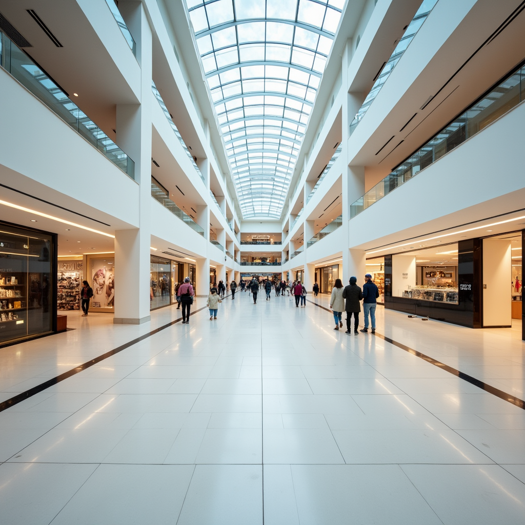An image of the interior of a modern shopping mall, without people.