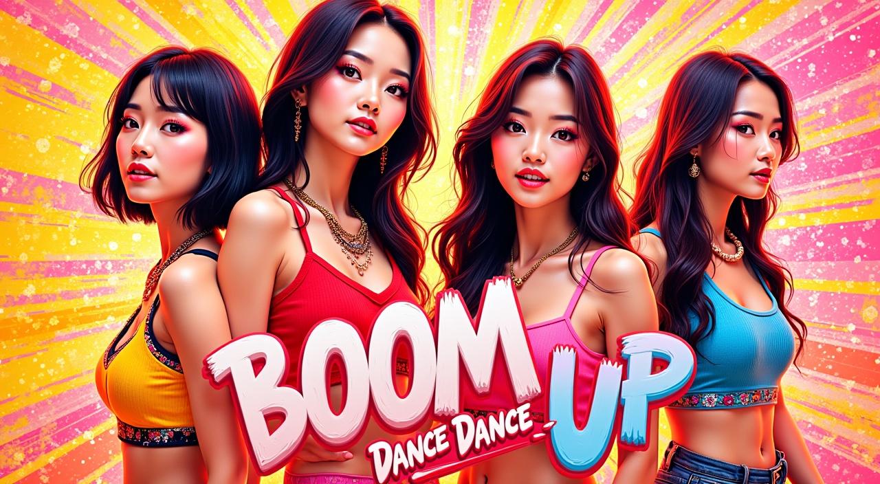 아름다운 여성 4인조 KPOP 걸그룹이 발표할 노래 BOOM UP 의 뮤직비디오 자켓이야. 4명의 나이는 20살. 제목이 꼭 들어가야해. 그룹의 이름은 Dance Dance Go.