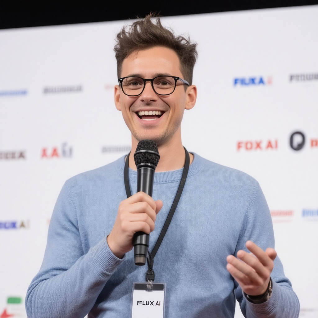 A charismatic speaker is captured mid-speech, his [short, tousled brown] hairs lightly messy on top. He has a round face, clean-shaven, and wears [rounded rectangular glasses with dark rims]. He is holding a black microphone in his right hand, speaking passionately. His expression is animated as he gestures with his left hand. Dressed in [a light blue sweater over a white t-shirt], he also wears a simple black lanyard with a badge with readable text ["FLUX AI"]. The background is blurred, showcasing a white banner with logos and text, including ["FLUX AI"], suggesting a professional [conference] setting.