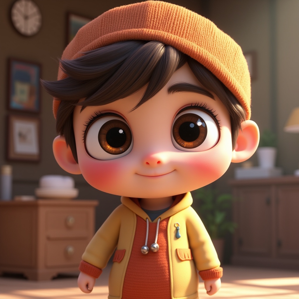 a cute character with big expressive eyes, disney pixar style