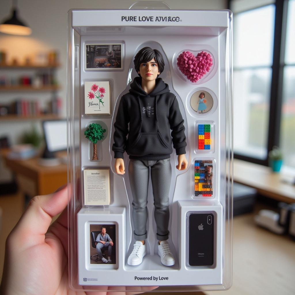 Create a stylized action figure of Láska inside elegant, modern blister packaging. The background is a modern office. The figure is a person with short, tousled dark hair, a wide and genuine smile, no facial hair, dressed in a black jacket, black hoodie, grey pants, and white sneakers. Title on the packaging: “Pure Love Edition”. Accessories include: a book, a flower, a Lego set, and a smartphone. The packaging design is inspired by Apple aesthetics – with a clean layout, rounded corners, and subtle shadows. Bottom label: “Powered by Love”. The entire packaging is held by a human hand, as a product photo. Use photorealistic lighting and depth of field, similar to product photography. Use the attached images for a more accurate idea of what the person looks like.