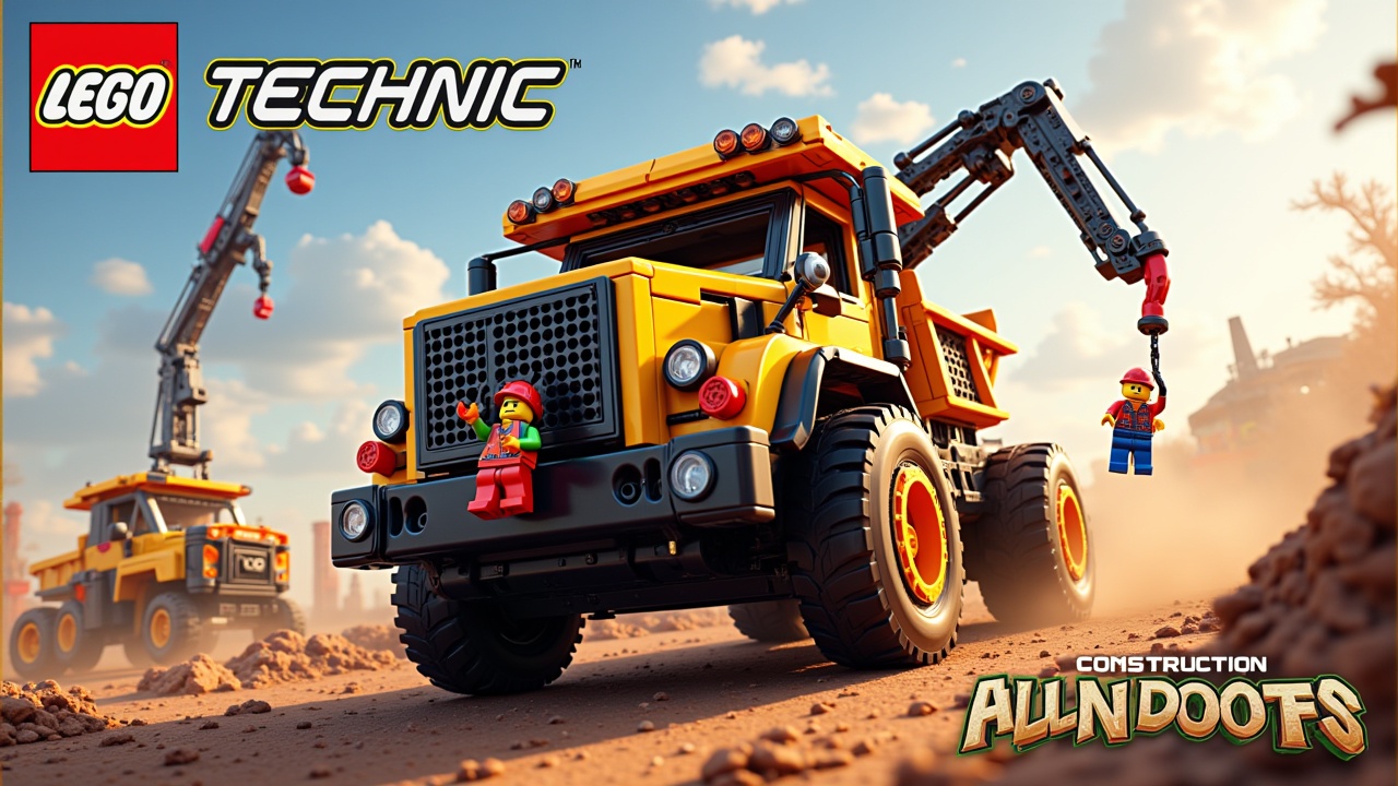 A Technic brick style Truck with mounted crane and chute that moves on a contruction site