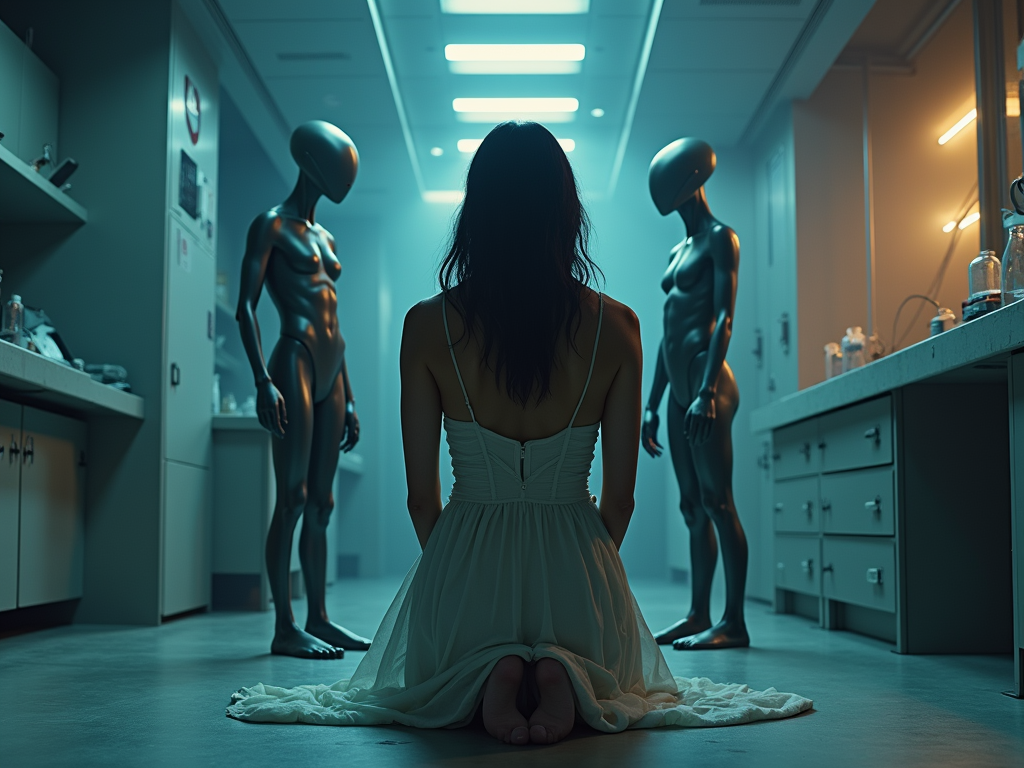 a-women-is-kneeling-down-and-two-aliens-u9bq8n9j0q