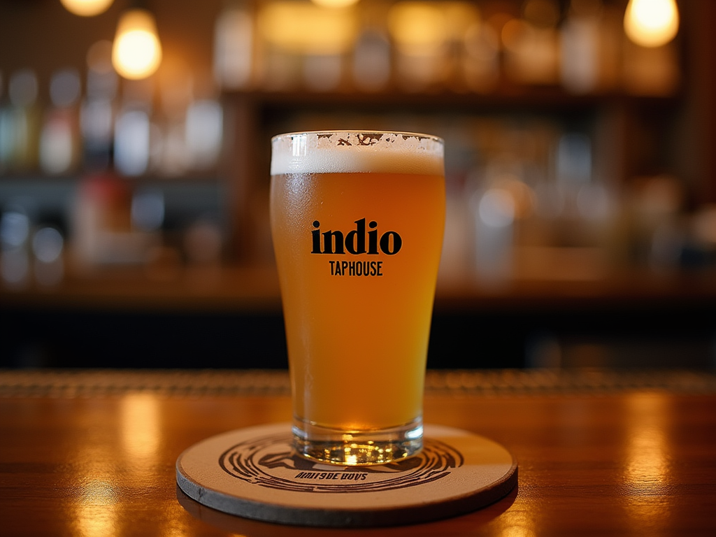 Thirst quenching beer being placed on a coaster at a bar with the words “ Indio Taphouse” on it