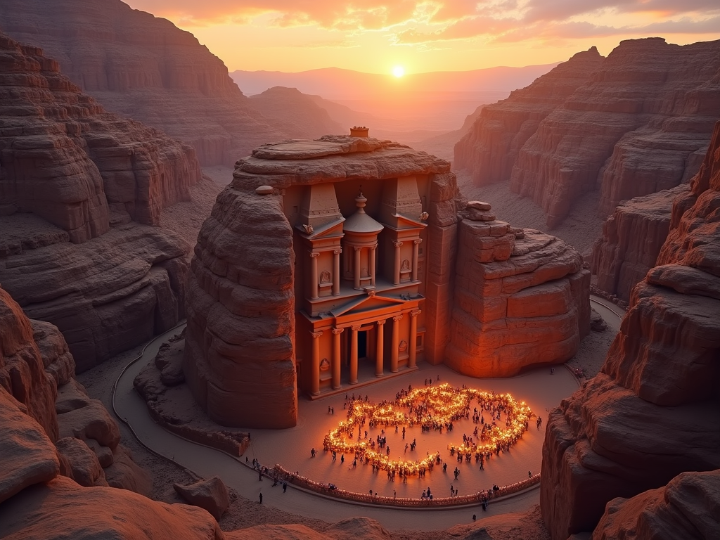 Dramatic aerial view of Petra Treasury at dawn