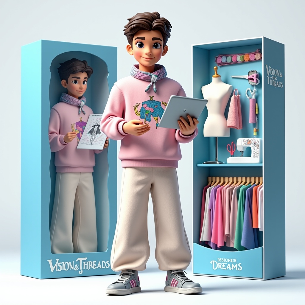 Create a collectible full-length toy figurine in Pixar style — a clothing designer. The figurine should be dressed in a stylish ensemble: an oversized pastel sweatshirt with a creative print, wide culotte pants, and trendy sneakers. On the figurine's head, there should be an elegant silk scarf with a print design. In one hand — sketches of a new collection, in the other — a tablet with an open program for clothing design.
The packaging is styled as a premium collectible box in gentle blue tones with glossy accents and a transparent window. To the right of the figurine, there's an "Accessories" section, neatly arranged with professional tools: a set of colorful fabrics, fabric scissors, a sewing machine, a mannequin for prototype creation, and a set of bright markers for sketches.
On the upper part of the packaging, bold italic letters in Montserrat font say: "Vision&Threads."
At the bottom: "Designer of Dreams."
Image dimensions: 9:16.