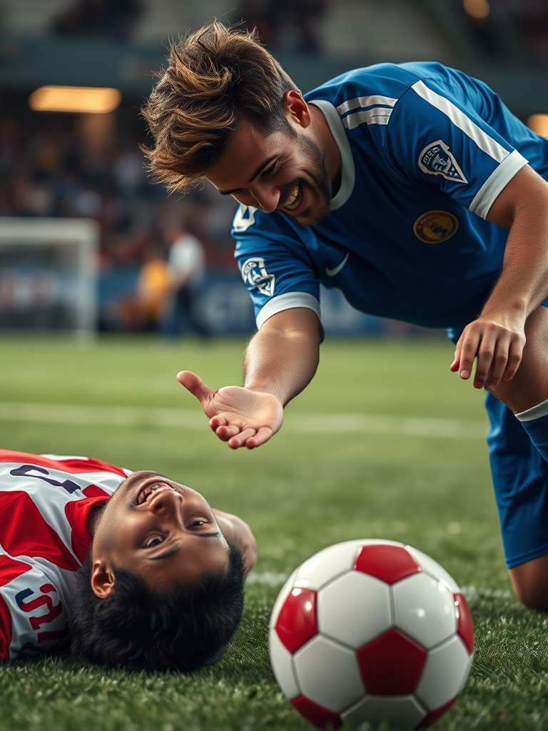 A cinematic close up of a happy soccer player reaching out his hand at another happy soccerplayer who is lying on the ground, ultrarealistic