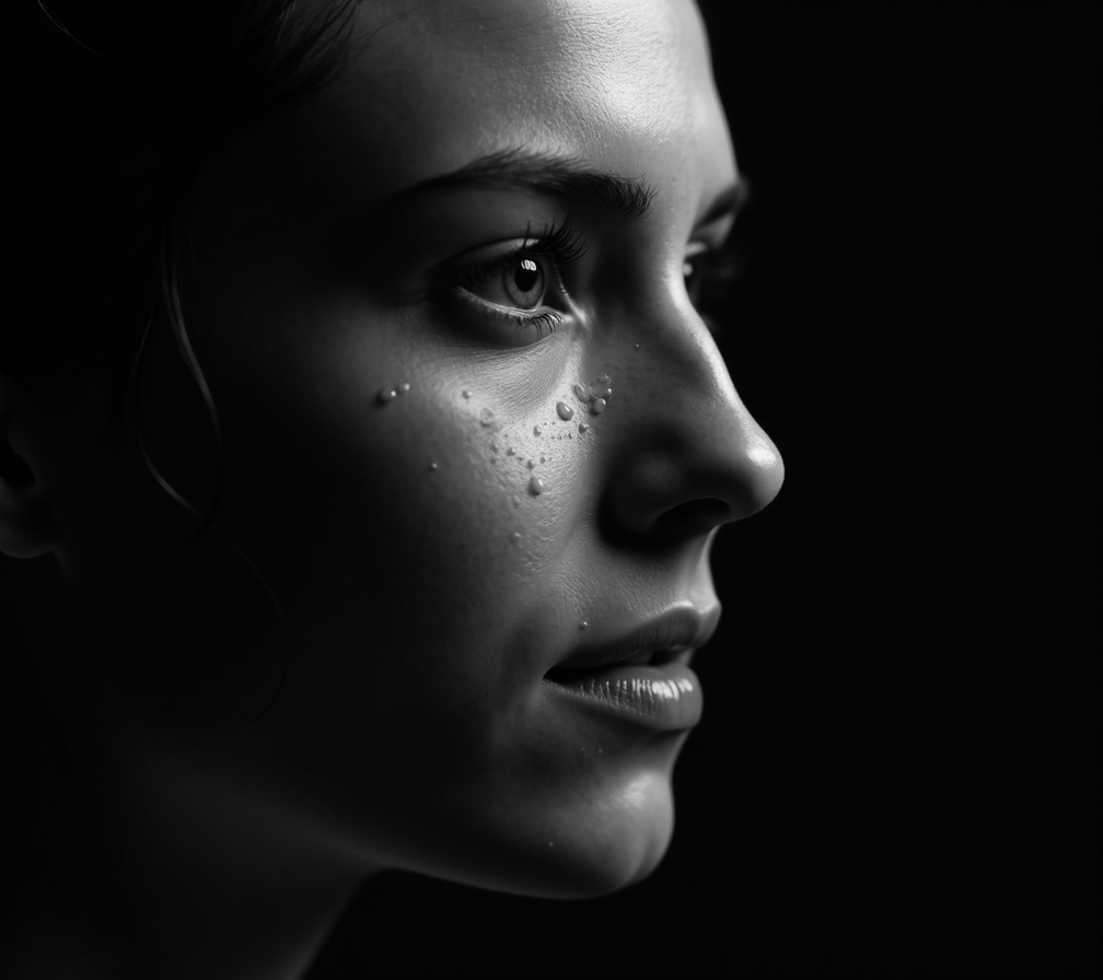 A high contrast close potrait of my face focusing on fronthead in black and white closeup.
35mm lens 4k HD Quality.
Giving Proud expression, Water droplets on my face.
Black shadow background only face is visible with my profile looking sharper.
Ratio 4:3