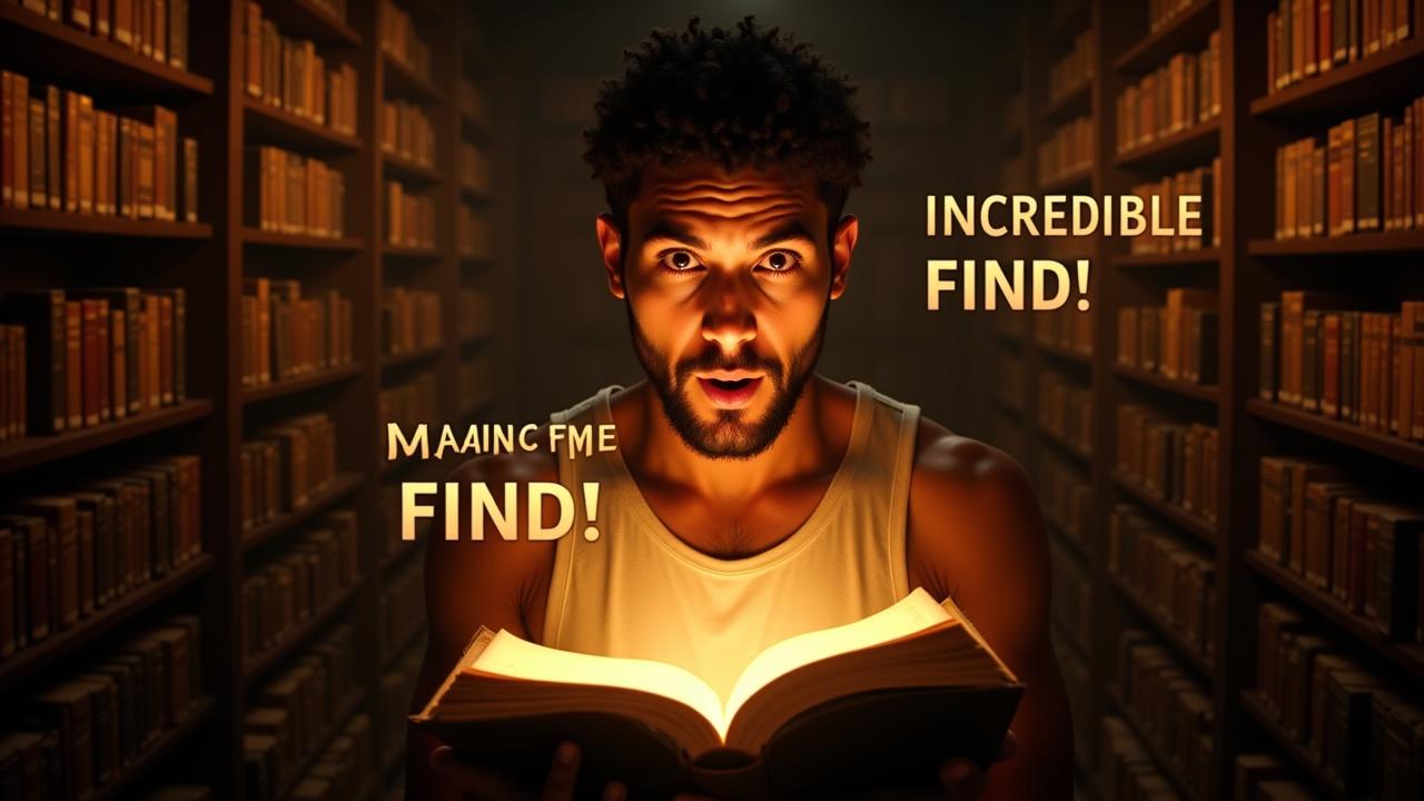 Young bearded scholar with wide eyes and shocked expression, mouth agape, holding an ancient Ethiopian manuscript that glows with golden light, dramatic lighting on his face, ancient library background, conveying amazement and disbelief at a profound discovery