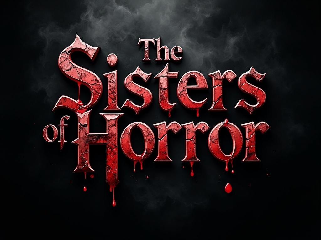 A dark, cinematic horror logo for ‘The Sisters of Horror,’ featuring distressed Gothic typography with cracked textures, dripping blood accents, and shadowy mist in the background. The design should be chilling and theatrical, evoking a vintage horror film poster style, with high contrast between ominous blacks and eerie blood-red highlights.
