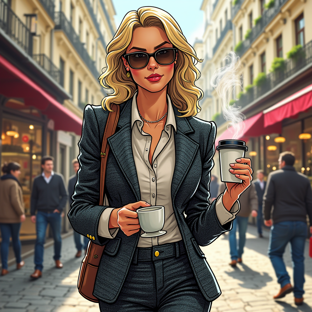 A stylish professional woman, impeccably dressed in a Chanel-inspired tweed suit, strides confidently down a bustling Parisian street, a steaming cup of coffee in hand; manga style, vibrant colors, dynamic lines, expressive eyes, detailed background showcasing Parisian architecture, conveying a sense of sophisticated independence and urban energy.
