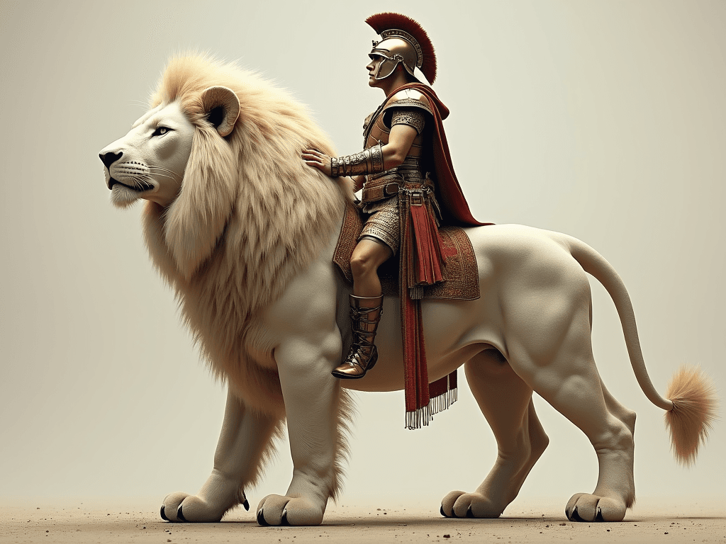 genera la imagen de un león blanco parado sobre sus dos patas traseras utilizando un uniforme de guerra y escudo espartano. Utiliza un estilo realista