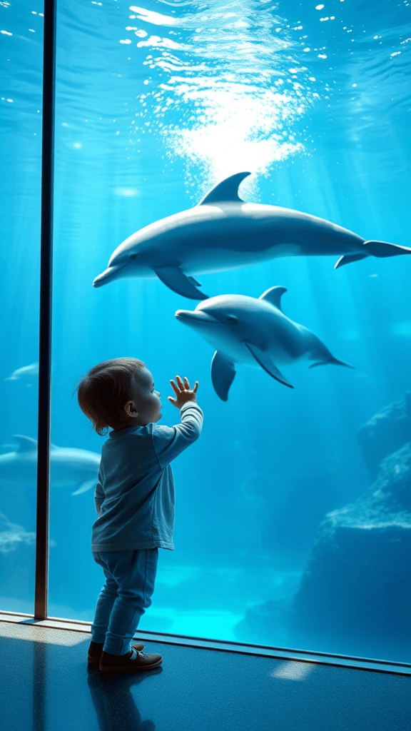 "Generate a photorealistic vertical image showing a toddler (around 2 years old) standing near a large aquarium window, casually looking around. A bottlenose dolphin is swimming by in the background from left to right, partially illuminated by natural overhead light. As the dolphin passes, the toddler begins to notice it, raising one hand slightly as if saying ‘hi.’ Capture the dolphin mid-swim with dynamic water trails and shimmering reflections. Use a soft depth-of-field to emphasize both the dolphin's graceful motion and the child’s growing fascination. Set a mood of curiosity and emerging connection."