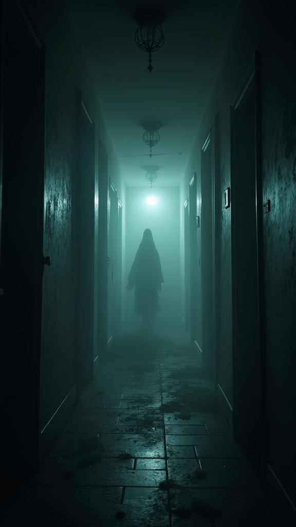 
"A dark, abandoned house with flickering lights, a shadowy figure lurking in the background, thick fog covering the floor, eerie atmosphere, ultra-realistic details, cinematic lighting, 4K resolution, horror style, nighttime, deep shadows, unsettling mood."
