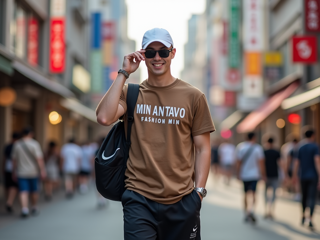 A confident young man wearing a white cap, black sunglasses, a brown T-shirt with the words “MIN ANTAVO FASHION MIN”, black shorts, a silver wristwatch, and carrying a black Nike-style sports bag is walking casually down a busy street in Tokyo, surrounded by colorful signs and a blurred crowd in the background. He walks directly toward the camera with a relaxed and natural stride, expressing calmness and style. His face is cheerful and smiling as he showcases the T-shirt he’s wearing. The natural daylight creates a warm and vibrant atmosphere in the scene. Occasionally, he adjusts his cap or gestures subtly while walking. The camera moves smoothly along with him, with a slight zoom effect to highlight his fashionable look and confident aura.




