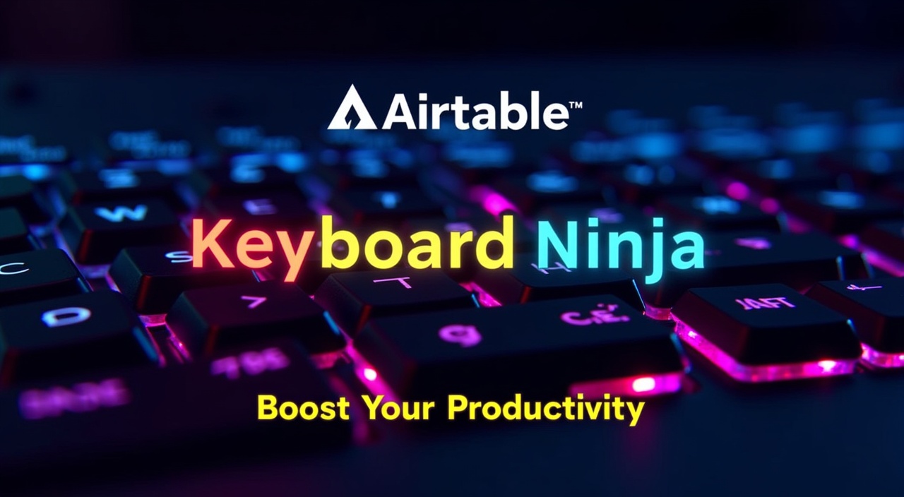 A dynamic YouTube thumbnail for a tutorial on mastering Airtable keyboard shortcuts. The image features:

A modern laptop keyboard with glowing, highlighted shortcut keys (Cmd/Ctrl + Arrow Keys, G + G).

The Airtable logo prominently displayed.

Large, bold text that reads 'Airtable Keyboard Ninja' and 'Boost Your Productivity'.

A motion blur or speed trail effect around the keyboard to symbolize rapid navigation.

A clean, high-contrast design with Airtable’s signature colors (yellow, red, blue).

A sleek and modern layout optimized for high engagement."

Additional Settings (if applicable):

Aspect Ratio: 16:9

Style: Futuristic, Clean, High-Contrast

Lighting: Vibrant and eye-catching

Depth of Field: Slight blur in the background, focused on keyboard and text