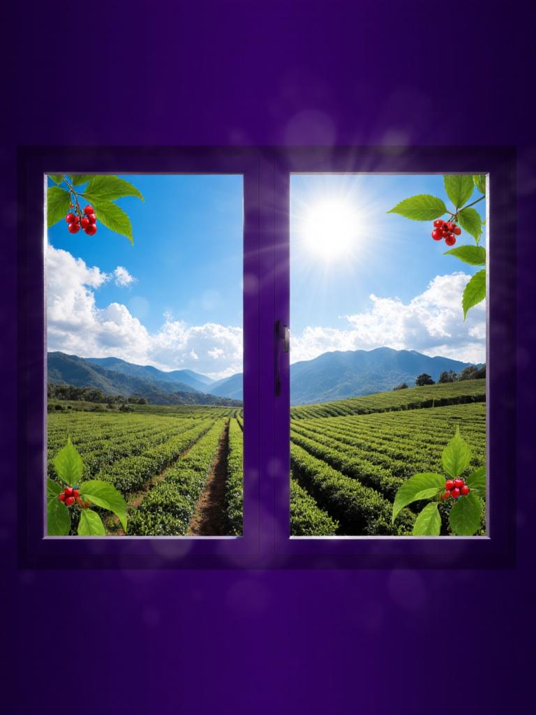 The image shows two windows with green leaves and red berries on them. The windows are set against a purple background. Through the windows, we can see a beautiful landscape of a tea plantation with rows of tea plants and mountains in the distance. The sky is blue with white clouds and the sun is shining brightly. The overall mood of the image is peaceful and serene.