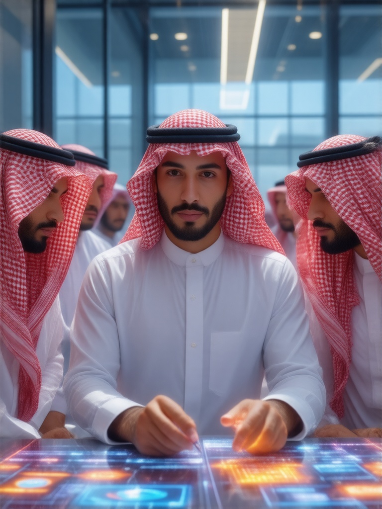 A young Saudi executive, in crisp white thobe and red ghutra, collaborates with a diverse team in a sun-drenched, modern glass office; holographic D365 and AI applications shimmer, faces illuminated by focused determination, reflecting Saudi Vision 2030's ambition.  Hyperrealistic rendering, sharp details, intense light play, vibrant Saudi business energy, digital transformation.
