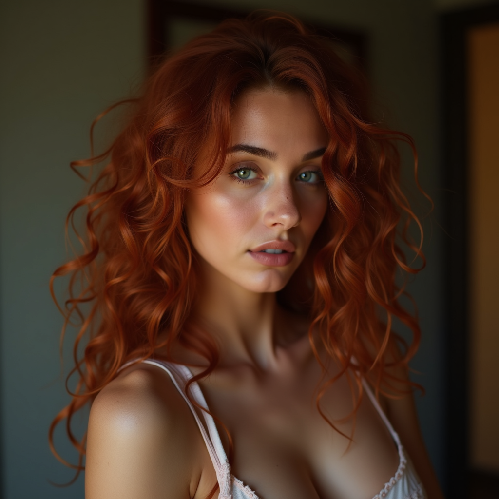 MILF de cabello largo rubio, blanca , de ojos azules, grandes pechos mientras que tiene puesto una lencería algo destruida , muslos grandes , culo grande, con una mirada nerviosa pero con una sonrisa pervertida, con algo de sudor y un sonrojo en sus mejillas siendo follada por un adolescente de pelo marrón en una habitación