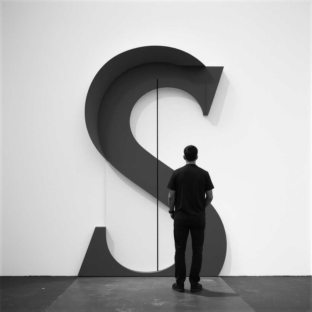 A man stands in front of a door,his shadow forming the word "S"