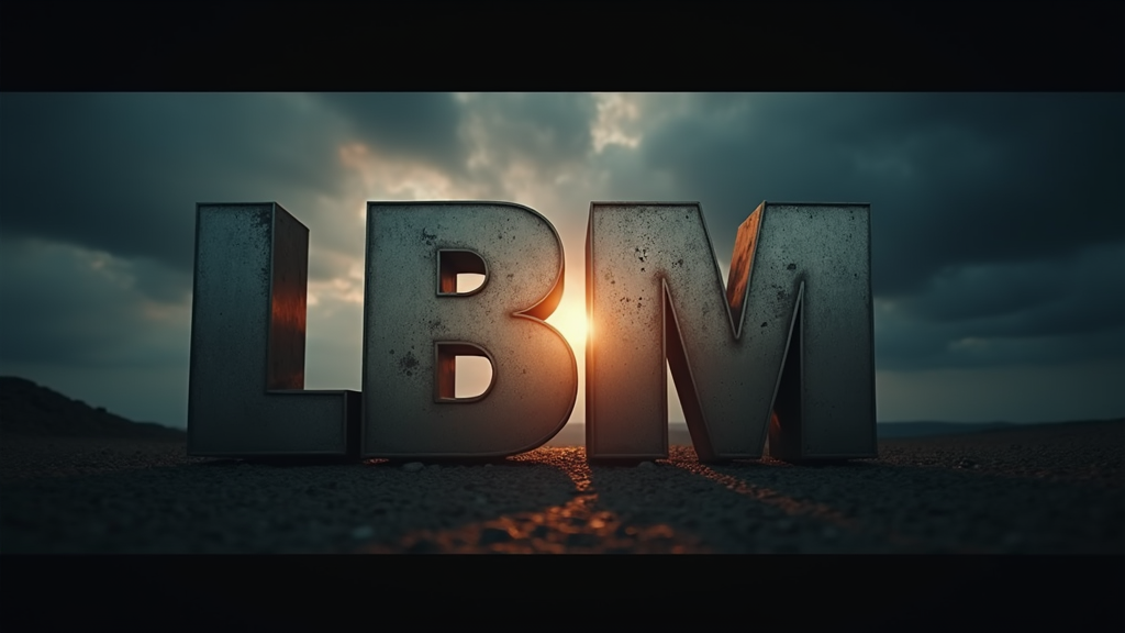 Create a hyper-realistic, cinematic movie production logo featuring the bold, stylized letters L B M, standing for LandscaperBob Media. The letters should be large, metallic, and three-dimensional, with a brushed steel texture and dramatic lighting casting soft shadows. Position the letters in the center of the frame, spaced slightly apart with depth and weight, as if forged from industrial-grade metal.

Behind the letters, feature a dark, cloudy sky or a sunlit horizon breaking through storm clouds — symbolizing creativity rising through grit. Include subtle lens flares and particle effects like dust or light rays moving across the screen, enhancing the cinematic atmosphere.

Add a faint engraved subtitle beneath the letters:
“LandscaperBob Media” in a clean, sleek font — minimalist but modern.

Incorporate a subtle slow camera zoom-in or pan if animating. The color palette should be rich and moody: dark blues, silvers, and golden highlights. This should resemble the intro of a high-end production studio, suitable for theatrical release or major streaming service branding.