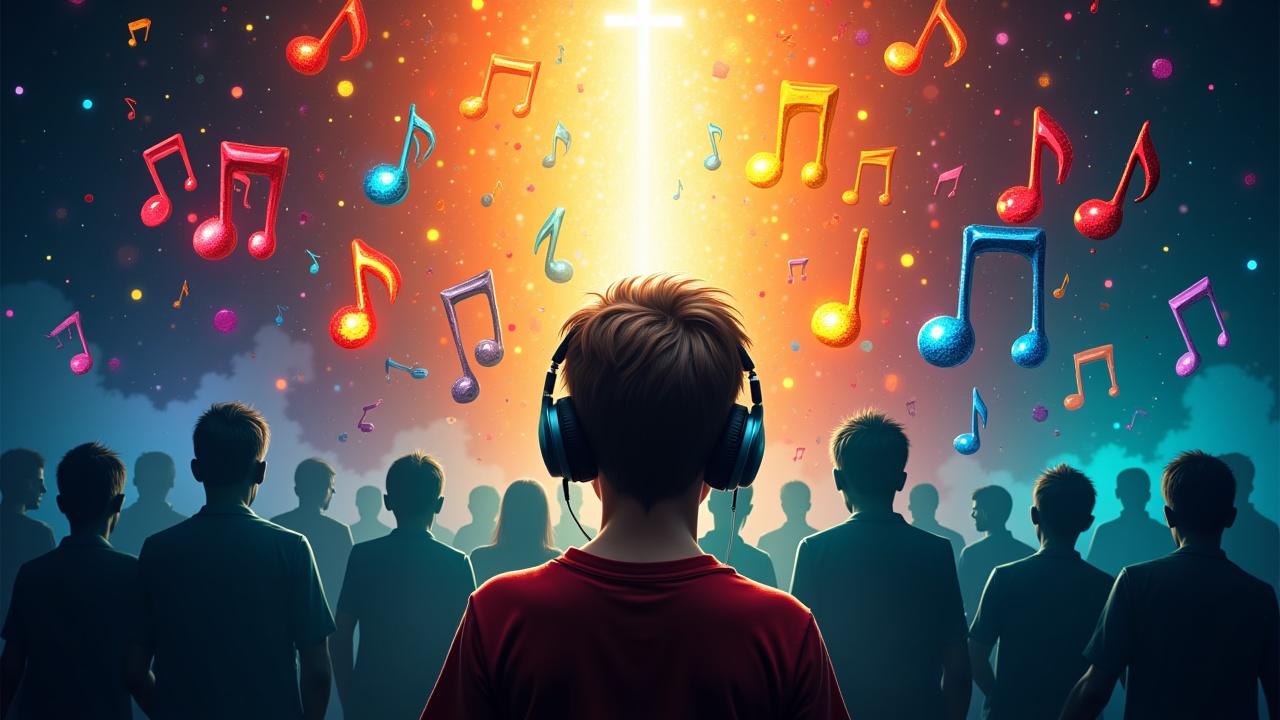 Obra cinematográfica de una persona joven escuchando música con auriculares, notas musicales brillantes y coloridas que lo rodean, pero detrás de las notas emergen figuras oscuras y sombrías que se acercan a la persona, mientras una luz divina brillante desciende desde arriba para protegerla