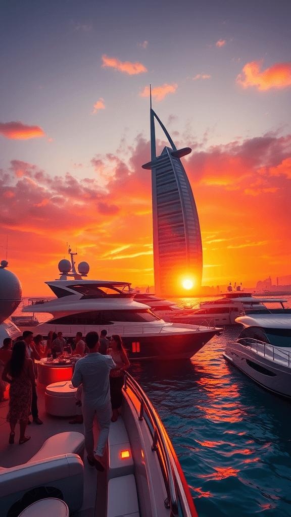 A lavish Dubai yacht party at sunset, vibrant hues of orange and purple painting the sky,  gleaming yachts bobbing gently on turquoise waters,  silhouetted figures laughing against the fiery backdrop,  a scene of opulent celebration, capturing the city's vibrant energy and modern opulence, rendered in a photorealistic style with a painterly touch.
