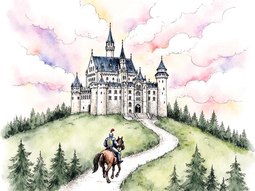 detailed pen and ink drawing with watercolor infill of a large beautiful castle on a hill above a forest, pastel colored clouds rolling by overhead, a knight on a horse can be seen riding up the winding path to the castle