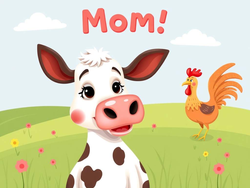 A whimsical caricature of Mom of cow and chicken