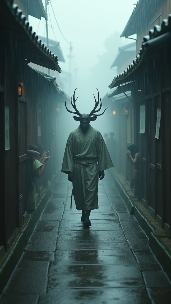A misty Japanese village alley during daylight rain, soft natural light diffused through clouds. In the center, a tall humanoid in a silk kimono with multiple screaming heads and black antlers walks slowly. Curious townspeople peek through paper doors. The light cuts through the fog. Photorealistic, soft cinematic lighting, high clarity, sharp detail.